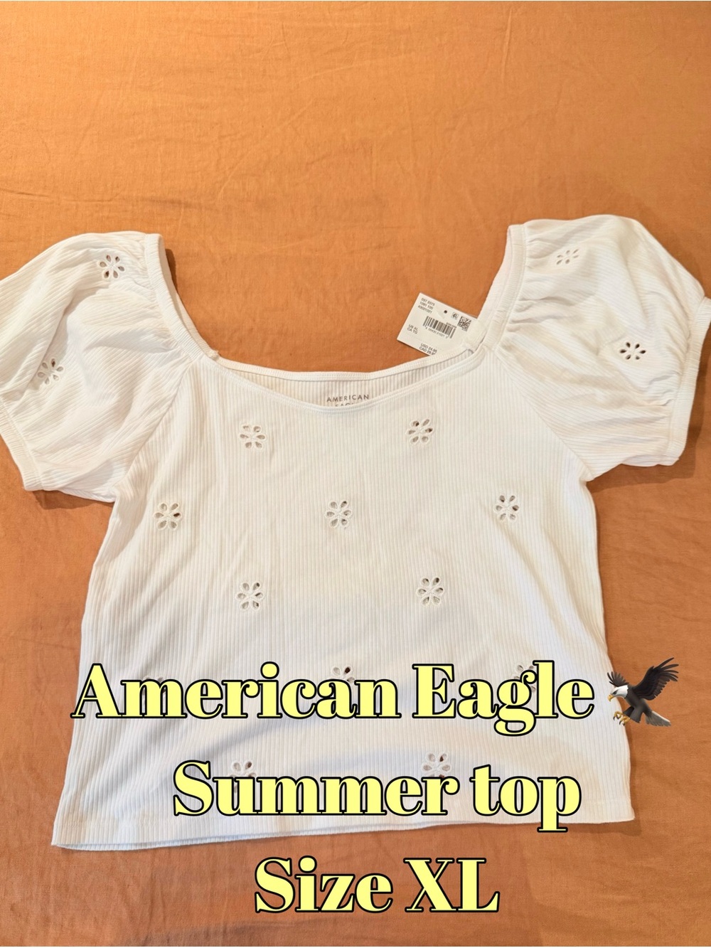 American Eagle Outfitters White Eyelet Puff-Sleeve Scoop Crop Top